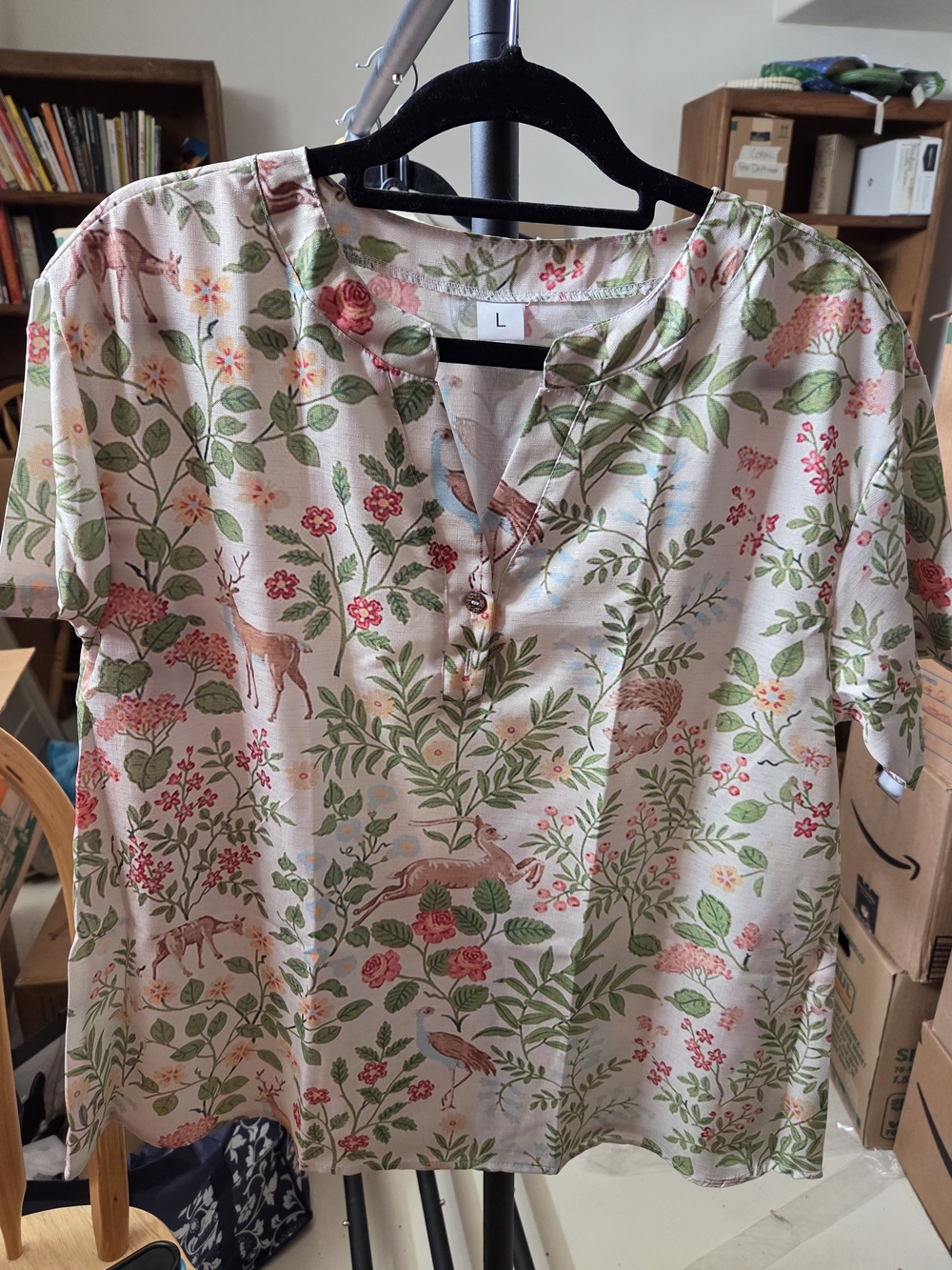 Floral & Wildlife Print Button Front Blouse - Cream Base with Green & Pink